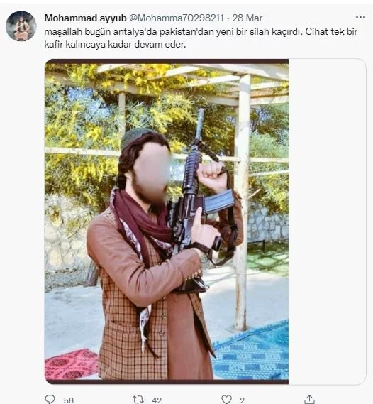 Pakistanlıdan skandal paylaşım: Antalya’ya cihat için kaçak silah getirdim