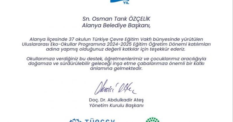 Alanya belediyesi’nin eko okullar projesine türçev'den teşekkür sertifikası