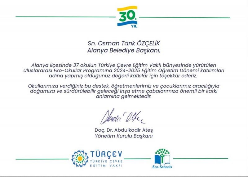 Alanya belediyesi’nin eko okullar projesine türçev'den teşekkür sertifikası