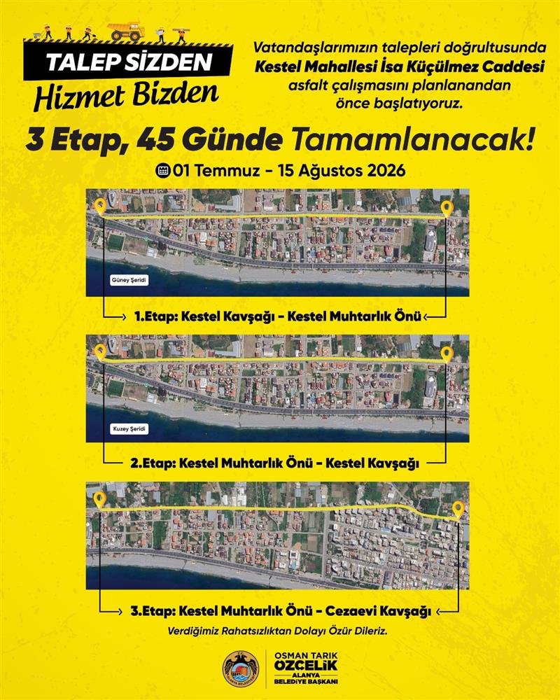 Alanya belediyesi'nden kestel'de planlanandan 2 ay &ouml;nce asfalt &ccedil;alışması